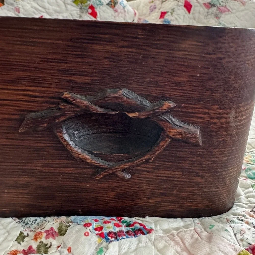 Antique Hand Carved Primitive Wood Drawer Storage Box Rustic Branch Handle 16in